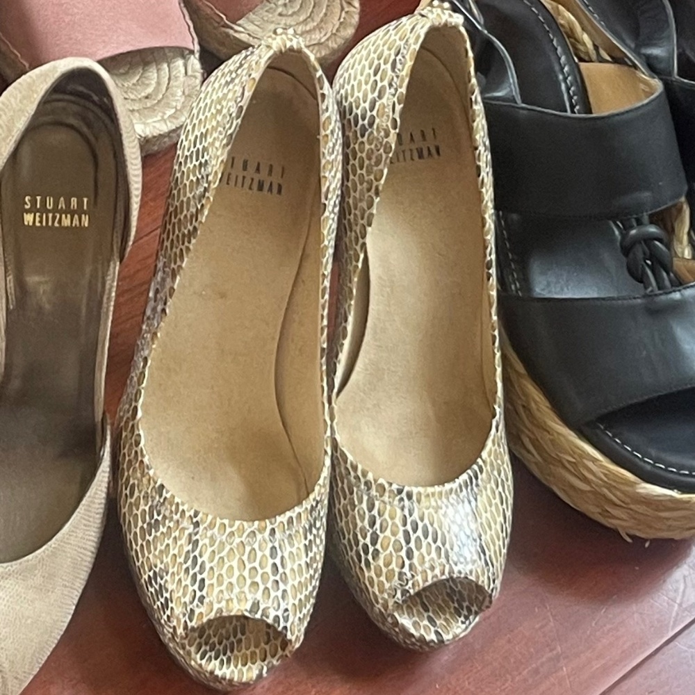 Stuart Weitzman JUST SO Beige Snakeskin Peep Toe Platform Stiletto Pumps Sz 8 M